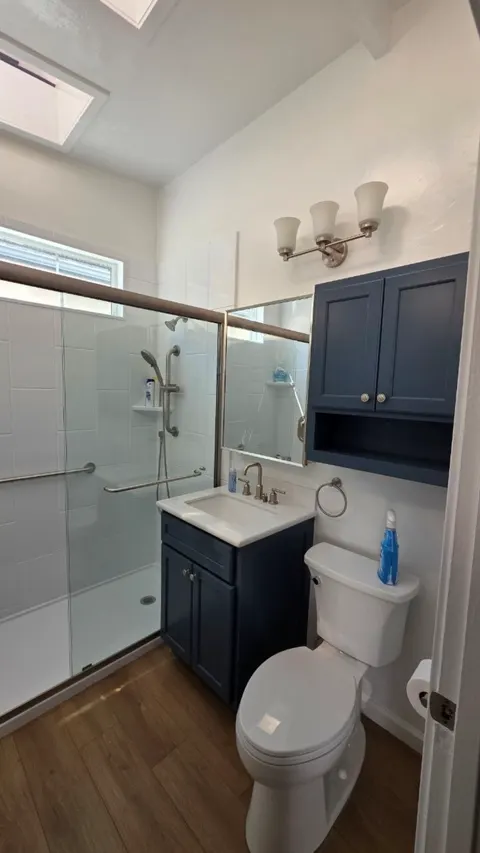 After: bathroom with skylight, white walls and navy cabinets